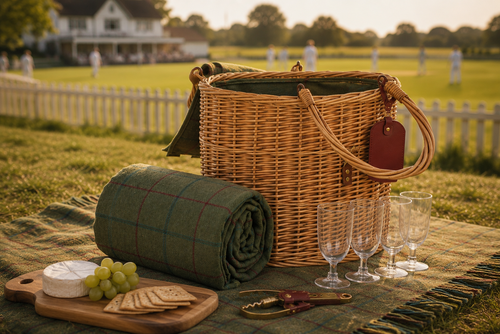 A classic wicker picnic basket with a rolled green plaid blanket, wine glasses, crackers, cheese, and grapes arranged on a blanket in a grassy park setting at sunset.